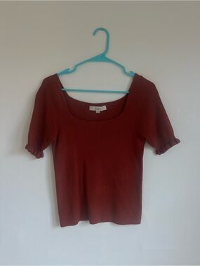 LOFT Rust Short Sleeve Scoop Neck Top with Ruffle Sleeves
